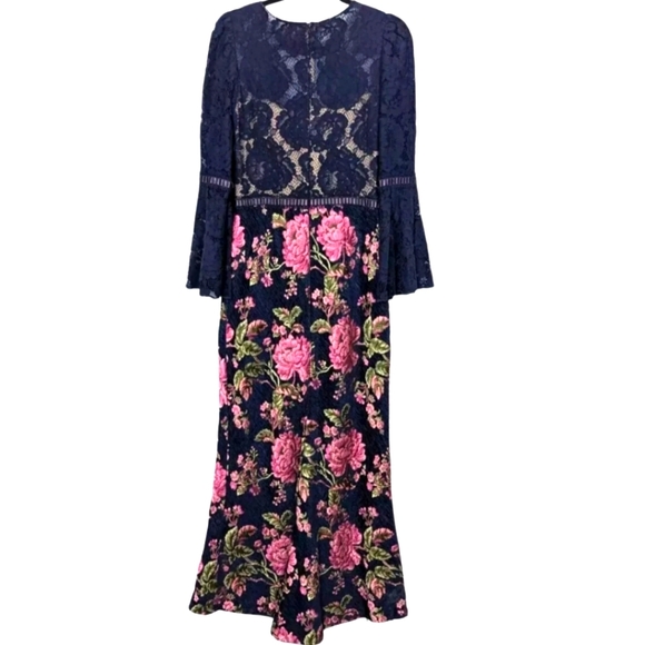 Tadashi Shoji Dresses & Skirts - Tadashi Shoji Navy Floral Lace Brocade Illusion Maxi Gown Dress Bell Sleeves 10